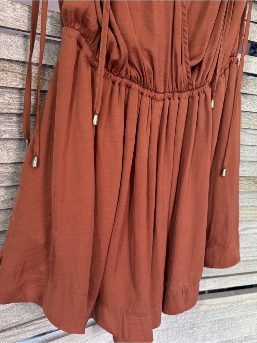 Free People Rust Terracotta Romper Deep V-Neck Drawstring Ruched Straps Size L - Picture 3 of 7